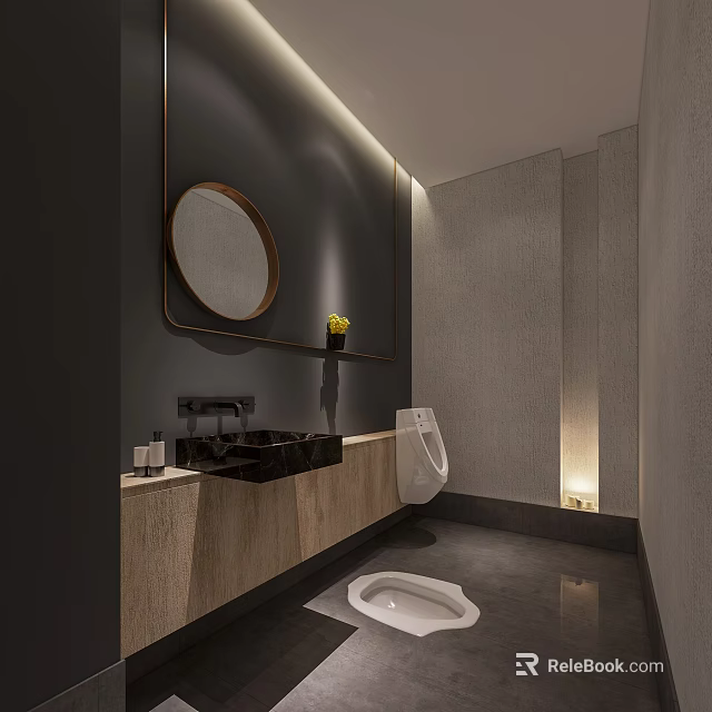 Luxury SPA Sauna Bathroom Design With Dark Wall Round Mirror Black Sink And Wooden Cabinet 3d model 