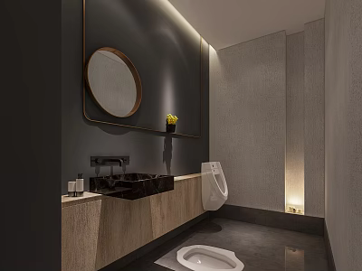 Luxury SPA Sauna Bathroom Design With Dark Wall Round Mirror Black Sink And Wooden Cabinet 3d model