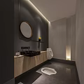 Luxury SPA Sauna Bathroom Design With Dark Wall Round Mirror Black Sink And Wooden Cabinet