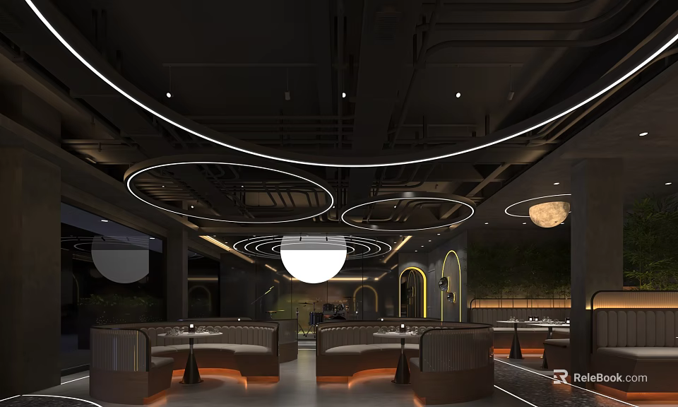 Modern Restaurant Interior Design With Circular Ceiling Lights And Booth Seating 3d model 