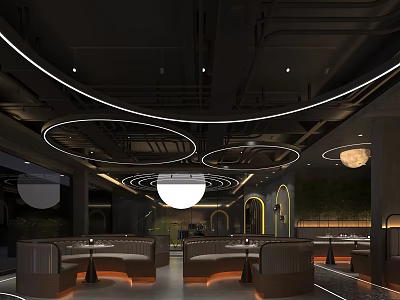 Modern Restaurant Interior Design With Circular Ceiling Lights And Booth Seating 3d model