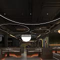 Modern Restaurant Interior Design With Circular Ceiling Lights And Booth Seating 3d model