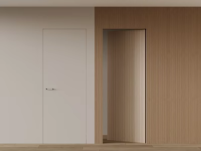 Modern Interior Featuring White Hinged Door And Wooden Panel Design 3d model