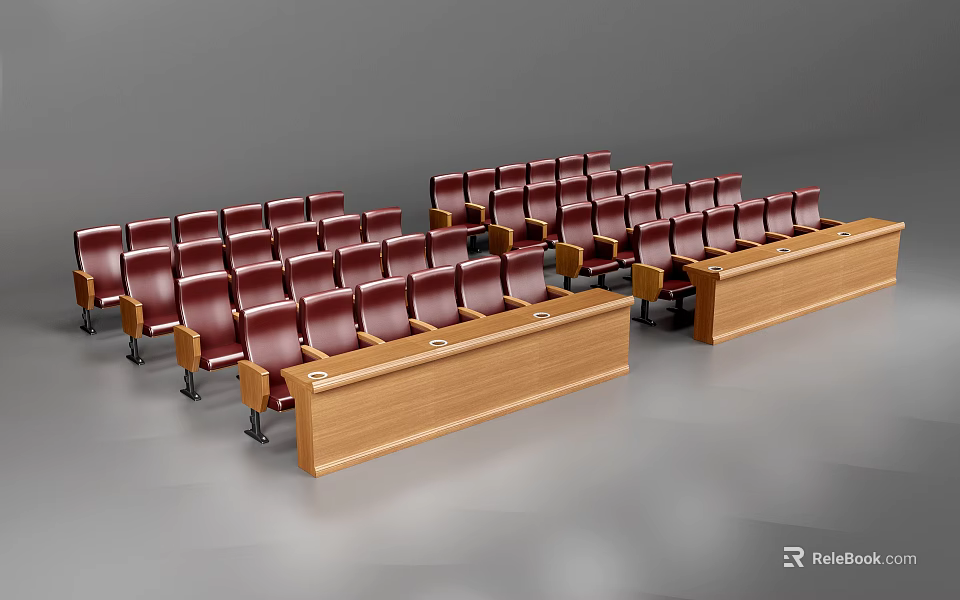 Red Single Sofa Chairs Arranged in Rows with Wooden Front Desks 3d model 