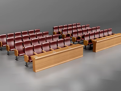 Red Single Sofa Chairs Arranged in Rows with Wooden Front Desks 3d model