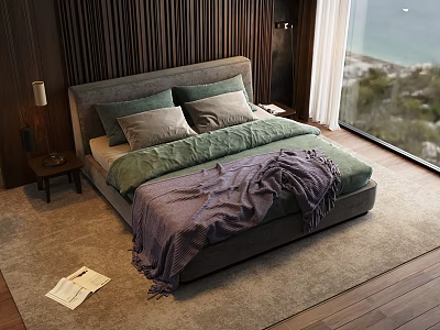 Double Bed with Green and Gray Pillows Purple Blanket by Wooden Wall Sea View Window 3d model
