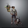 Adventurer Character With Goggles Backpack Gray Outfit Flying Yellow Green Creature And Wheeled Mechanical Creature