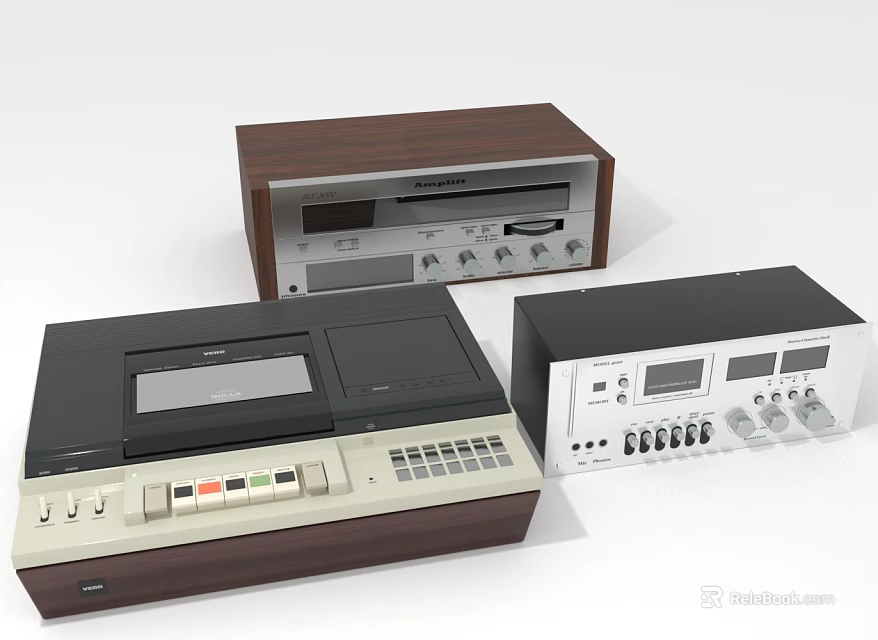 Vintage Audio Equipment Set With Tape Recorder Radio And Wooden Control Panels 3d model 