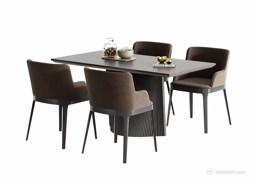 Modern Dining Table Set with 4 Upholstered Chairs and Centerpiece Decor 3d model
