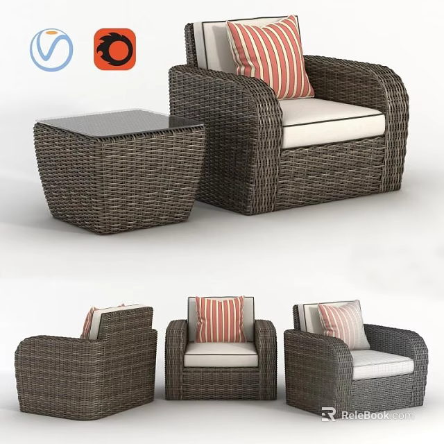 Wicker Single Sofa with Striped Cushion and Matching Side Table Modern Design 3d model 