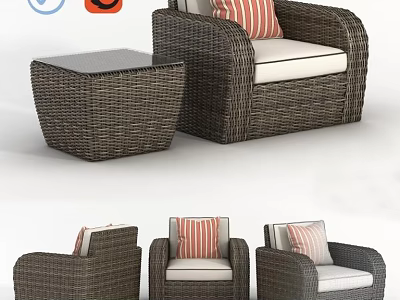 Wicker Single Sofa with Striped Cushion and Matching Side Table Modern Design 3d model
