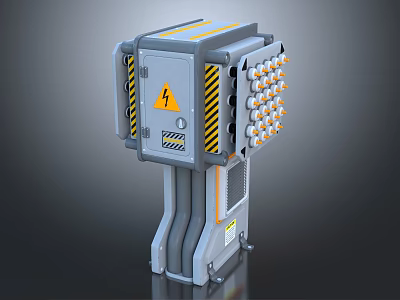Gray Industrial Mechanical Device With Yellow Warning Sign And Circular Components 3d model