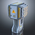 Gray Industrial Mechanical Device With Yellow Warning Sign And Circular Components 3d model