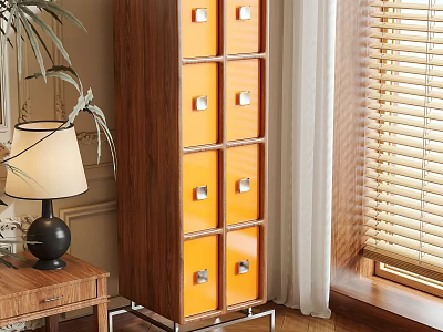Modern Interior With Walnut Storage Cabinet Orange Drawers Table Lamp Potted Plant And Window Blinds 3d model