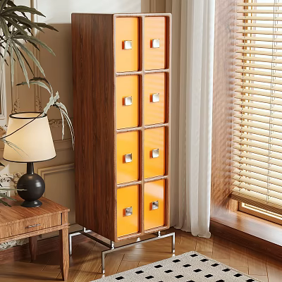 Modern Interior With Walnut Storage Cabinet Orange Drawers Table Lamp Potted Plant And Window Blinds 3d model
