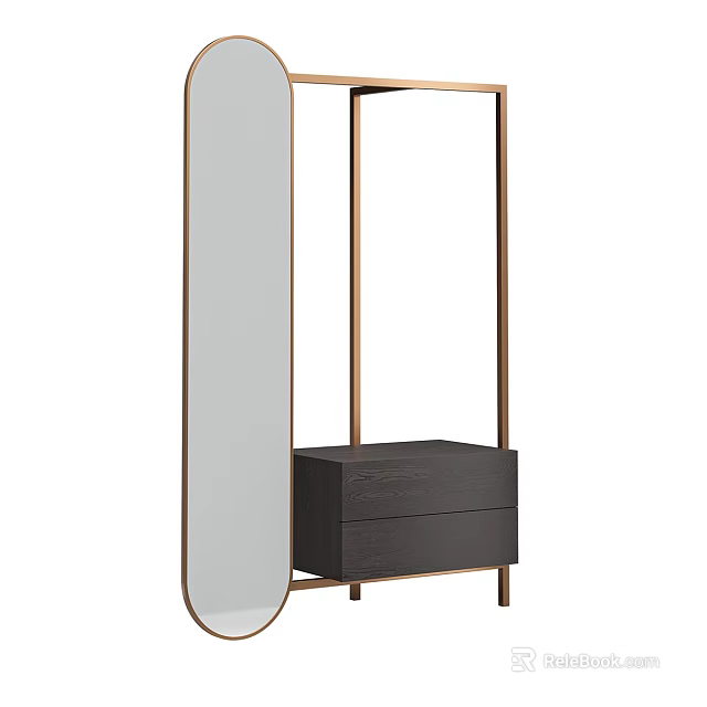 Modern Shoe Bench with Copper Frame Mirror and Black Wooden Drawers 3d model 