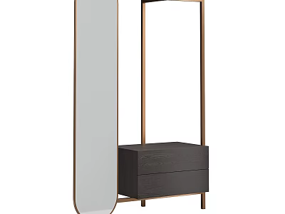 Modern Shoe Bench with Copper Frame Mirror and Black Wooden Drawers 3d model
