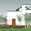 Modern Single Family House With Black Roof White Walls Large Glass Windows And Bamboo Trees