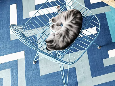 Reptile Resting On Blue Metal Chair With Blue And White Geometric Floor 3d model