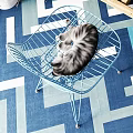 Reptile Resting On Blue Metal Chair With Blue And White Geometric Floor