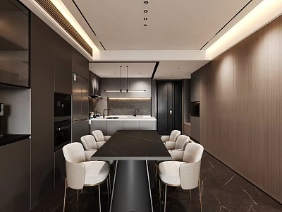 Modern Restaurant Kitchen Interior With Dark Dining Table And White Chairs 3d model