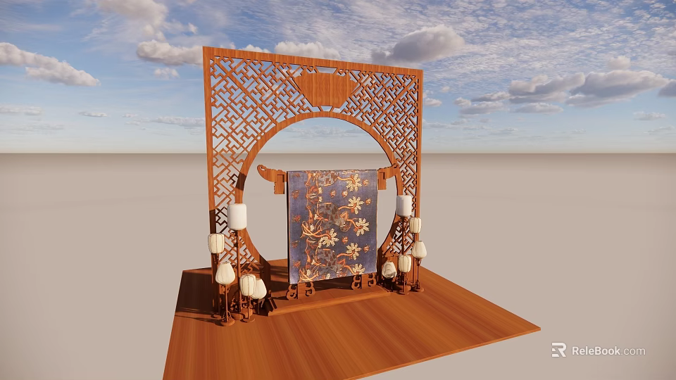 Elegant Wooden Chinese Screen Carved Frame With Floral Pattern And Decorative Lanterns 3d model 