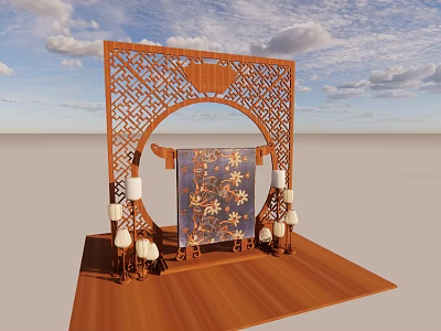 Elegant Wooden Chinese Screen Carved Frame With Floral Pattern And Decorative Lanterns 3d model