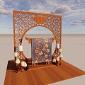 Elegant Wooden Chinese Screen Carved Frame With Floral Pattern And Decorative Lanterns