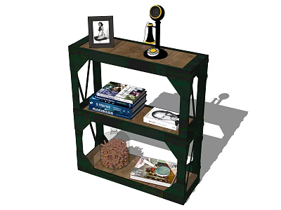 Industrial Style Bookshelf With Multiple Shelves Books Decorative Items and Table Lamp 3d model