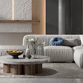 Modern Living Room Interior with Gray Sofa Round Marble Coffee Table and LED Strip Wall