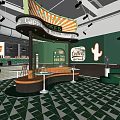 Vibrant Café Interior With Neon Coffee Sign Green Walls And Geometric Floor