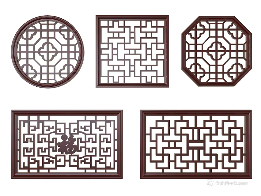Traditional Chinese Window Grilles With Various Shapes And Intricate Patterns Including Fu Character 3d model 
