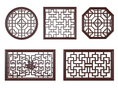 Traditional Chinese Window Grilles With Various Shapes And Intricate Patterns Including Fu Character 3d model