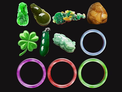 Elegant Jade Jewelry Pieces Including Gourd Four Leaf Clover Animal Motifs And Colored Bracelets 3d model