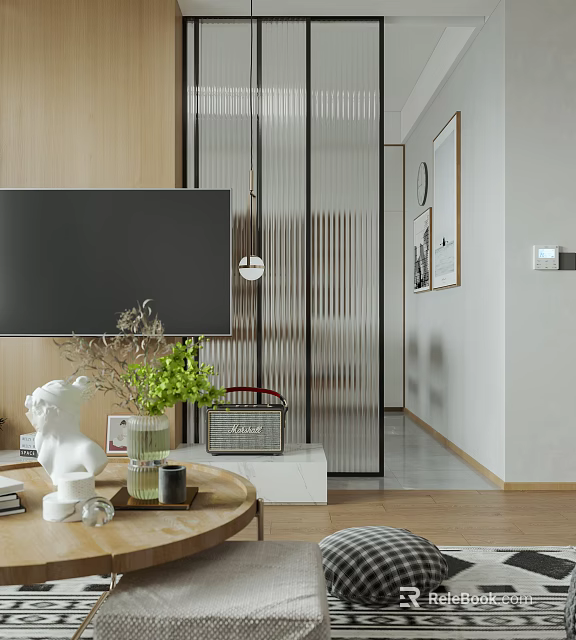 Modern Living Room Interior Design With TV Coffee Table Green Plants And Decorative Paintings 3d model 