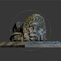 Reclining Stone Lion Statue With Green Mane On Detailed Stone Plinth