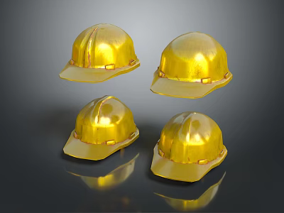 Four Reflective Golden Safety Helmets Displayed on Dark Background 3d model