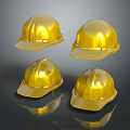 Four Reflective Golden Safety Helmets Displayed on Dark Background