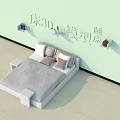 Double Bed 3D Model With Light Gray Bedding White Headboard Wall Shelves And Side Tables