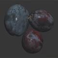 Three Fresh Ripe Blue Purple Shiny Plums with Reflections on Dark Background