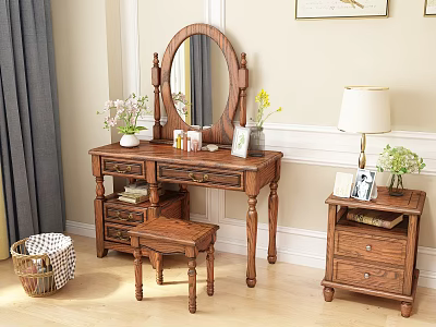 Traditional Wooden Dressing Table With Mirror Drawers Stool And Decorative Items 3d model