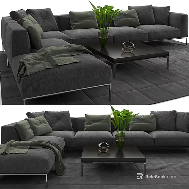 Gray Sectional Sofa With Cushions Throw Blanket Coffee Table And Green Plant Decorative Object 3d model