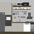 Modern Kitchen Interior With Gray Cabinets Refrigerator Microwave Oven Sink Stove And Hanging Utensils