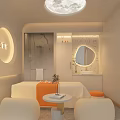 Modern SPA Sauna Interior With Round Moonlight Ceiling Massage Bed Orange Stool And White Armchair