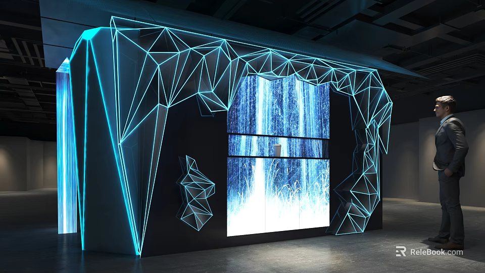 Modern Cultural Art Exhibition Hall With Geometric Lines Blue Lighting Large Screens And Waterfall Effects 3d model 