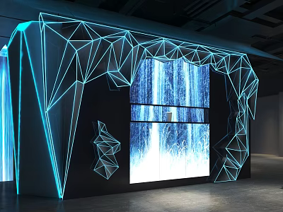 Modern Cultural Art Exhibition Hall With Geometric Lines Blue Lighting Large Screens And Waterfall Effects 3d model