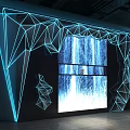 Modern Cultural Art Exhibition Hall With Geometric Lines Blue Lighting Large Screens And Waterfall Effects