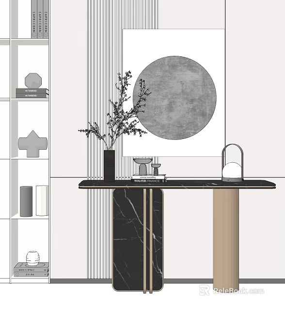 Modern Console Table Design With Marble Top Plant Vase And Circular Decor Elements 3d model