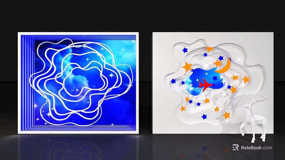 Decorative Art Installation With Blue White Curves Stars Moon Clouds Orange Stars And Red Birds 3d model 