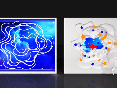 Decorative Art Installation With Blue White Curves Stars Moon Clouds Orange Stars And Red Birds 3d model